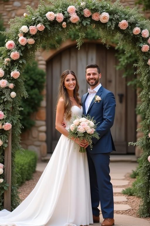 Boda de estilo rústico en una finca a las afueras de Madrid. Los novios se sonríen bajo un arco floral. 