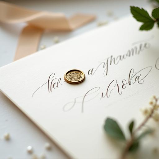 Primer plano de una invitación de boda caligrafiada con sellos de cera y botánicos.