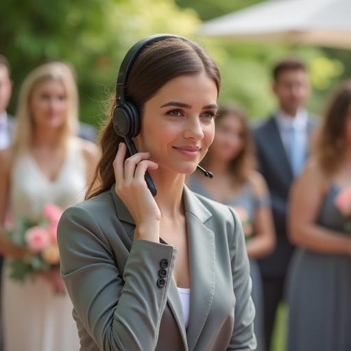 Una wedding planner con un auricular coordinando discretamente durante una ceremonia de boda.