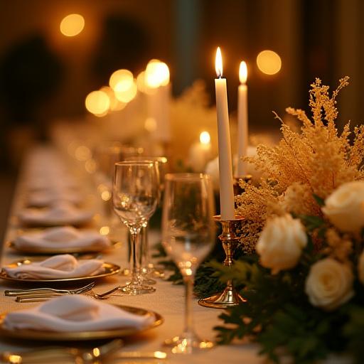 Detalle de una mesa de boda elegantemente decorada con flores doradas y velas.